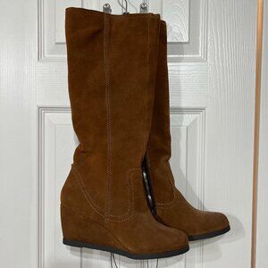 Target Merona Wm 9 Suede Terra Cotta Brown Side Zip Wedge Heel Boots NWT